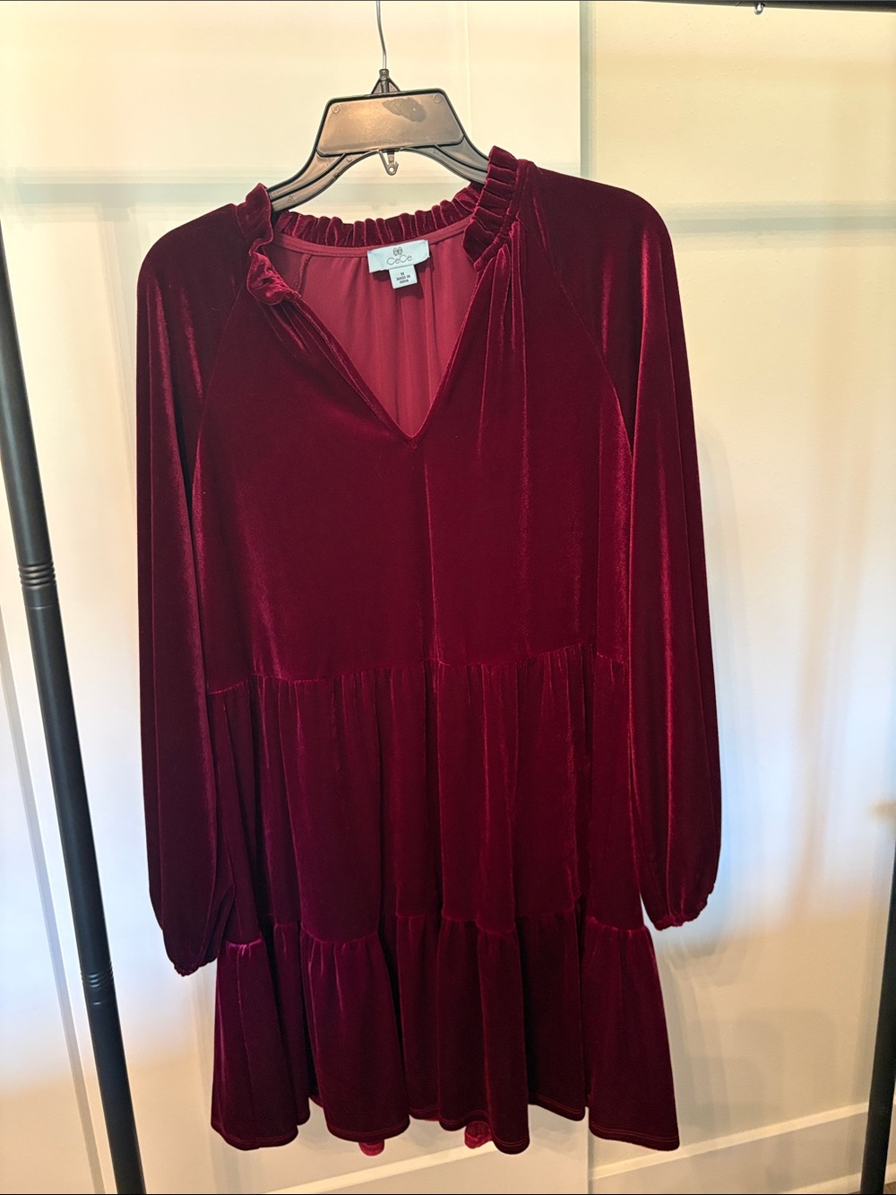 CeCe Velvet Tiered Long-Sleeve Dress - Maroon/Burgundy